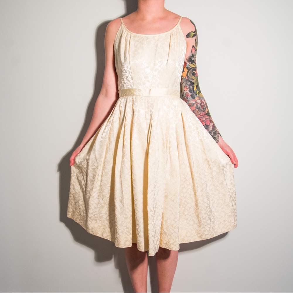 Vintage Embroidered Tea Length Cream Dress